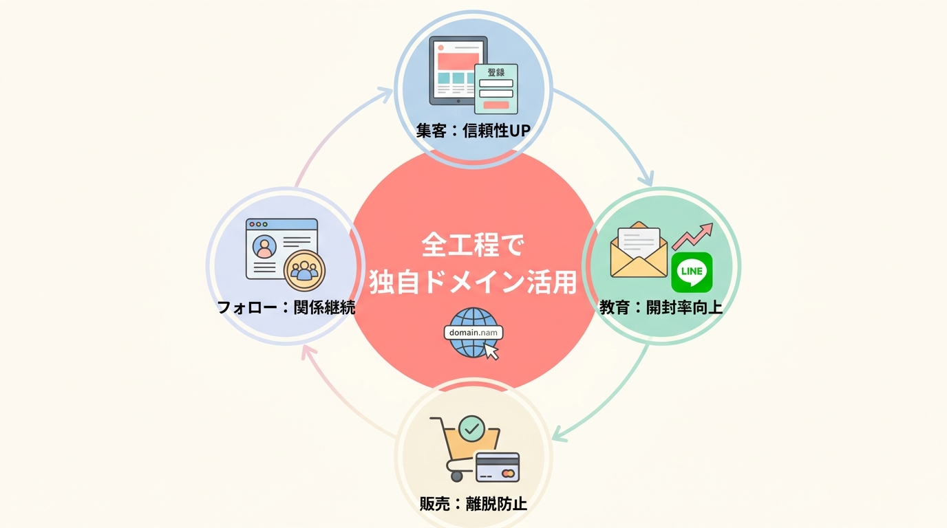 集客→教育→販売→アフターフォローの全工程で独自ドメインがどう活きるか